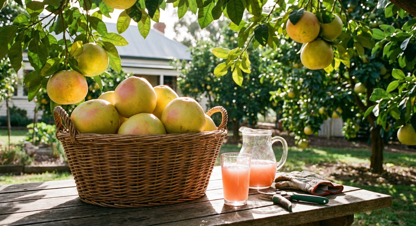 Chandler Pomelo Basket of apples and oranges on a table with a pitcher of juice in an outdoor setting.