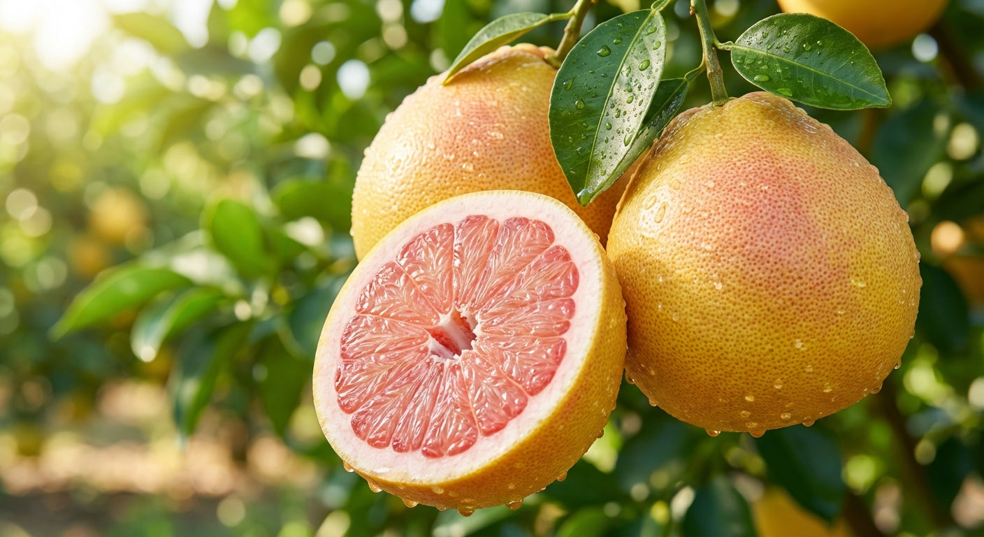 Chandler Pomelo Grapefruit on a tree with a close-up of a halved grapefruit showing pink flesh.