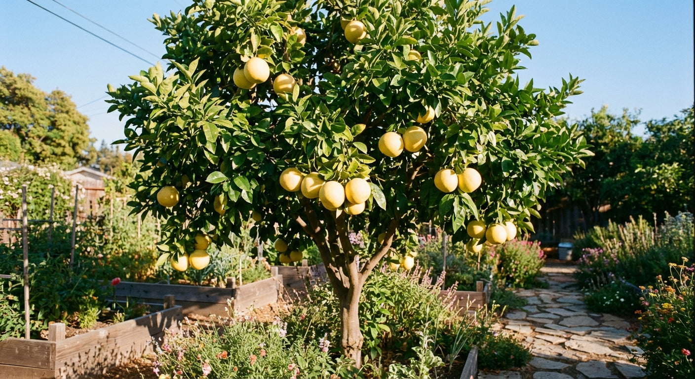 Duncan Grapefruit Lemon tree with ripe lemons in a garden setting