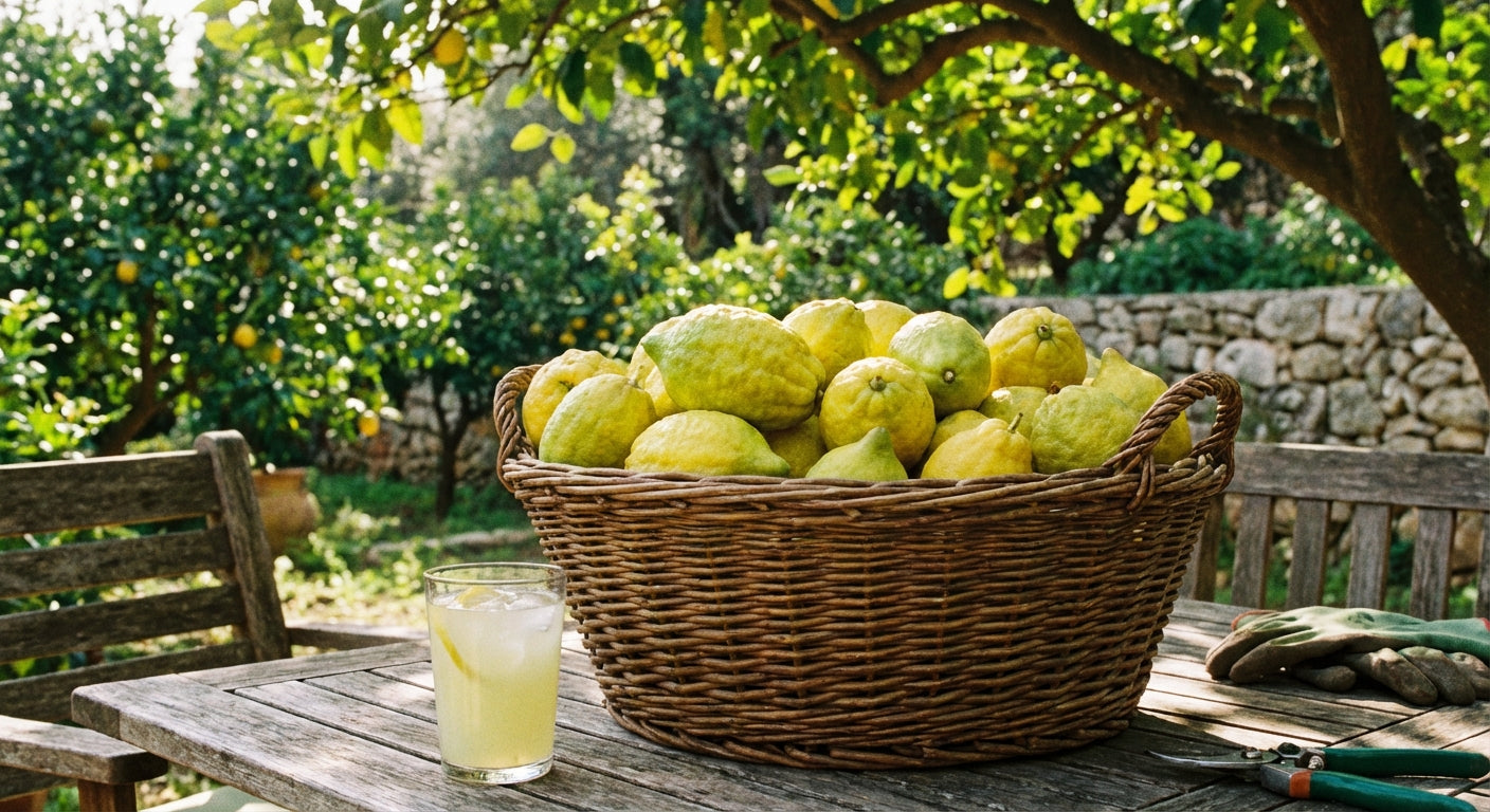 Etrog Citron Basket of lemons on a wooden table with a garden background