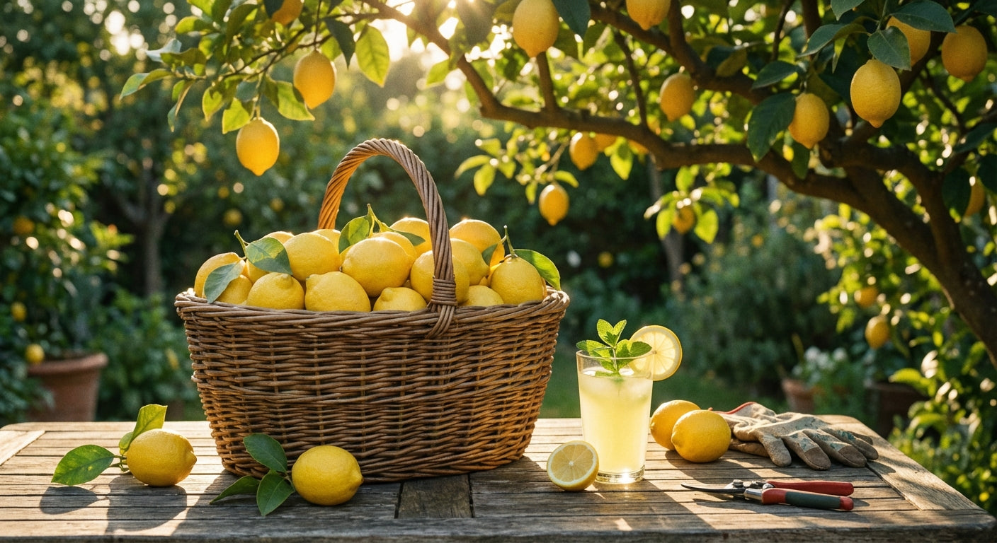 Eureka Lemon Fruits in Basket on wooden table on orchid with glass of juice