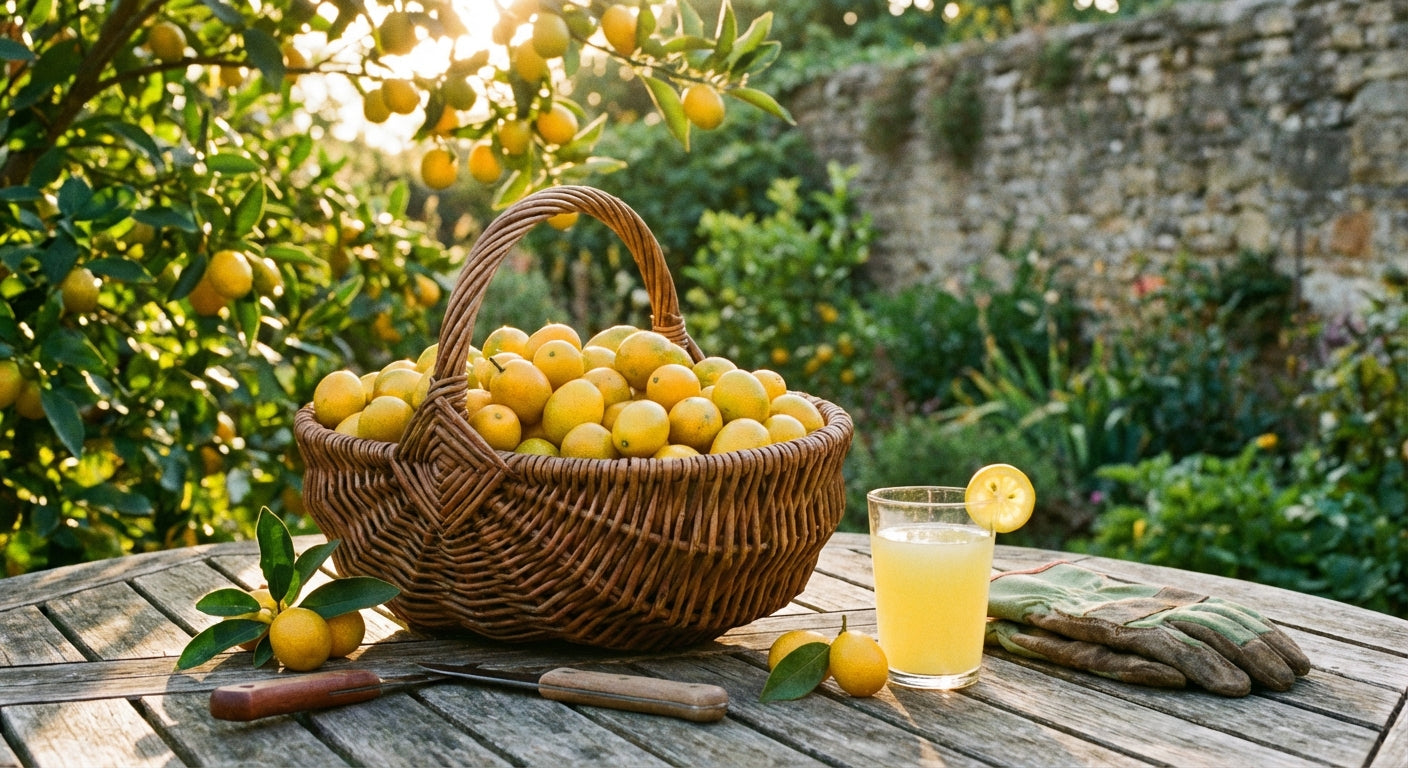 Eustis Kumquat Basket of lemons on a wooden table with a glass of lemon juice in a garden setting