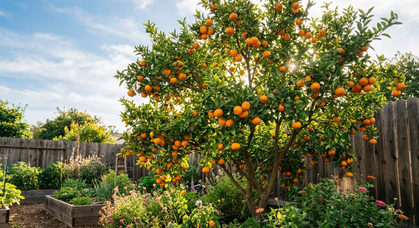Frost Owari Satsuma Mandarin Orange tree with ripe oranges in a garden setting