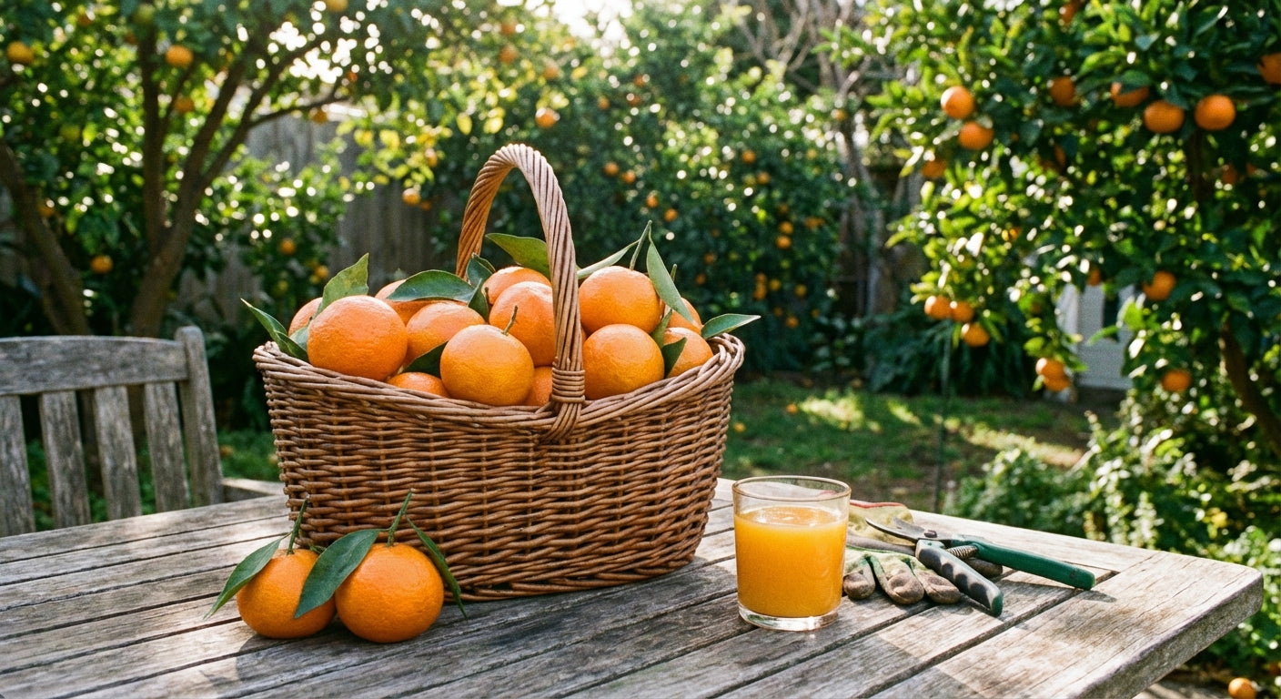 Frost Owari Satsuma Mandarin Tree Basket of oranges on a wooden table with a glass of orange juice in an outdoor setting.