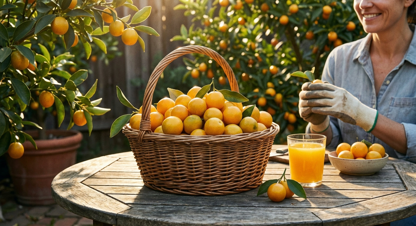 Woman with a basket of Fukushu Kumquat Tree oranges and a glass of orange juice in an outdoor setting.