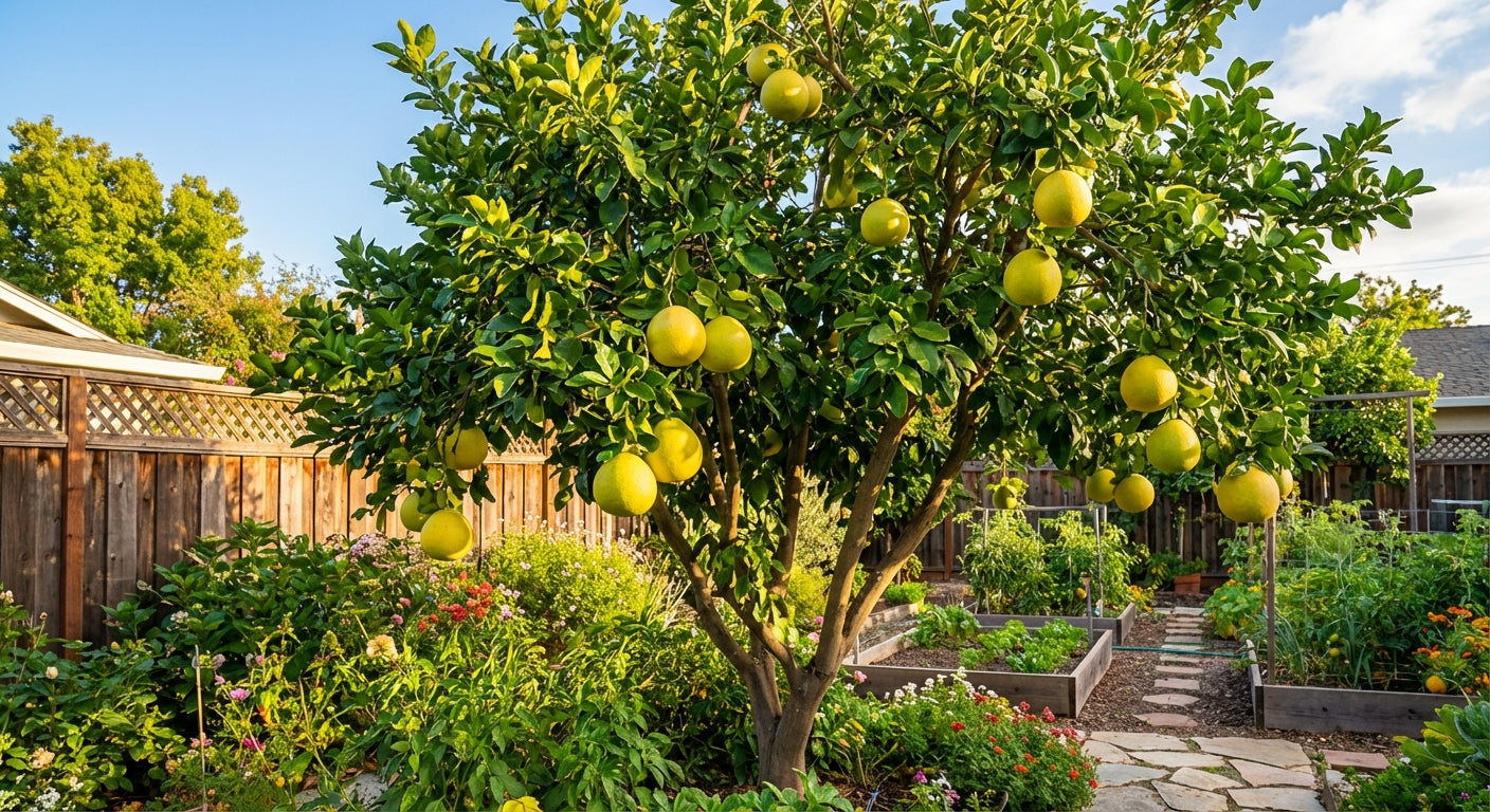 Hirado Buntan Pomelo Lemon tree with fruits in a garden setting