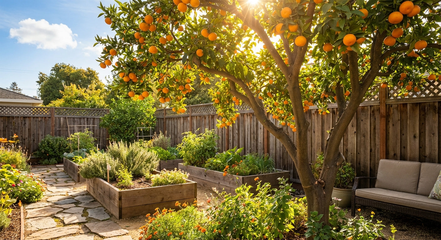 Orchard with Kishu Mandarin orange trees and a garden bed in a backyard setting.