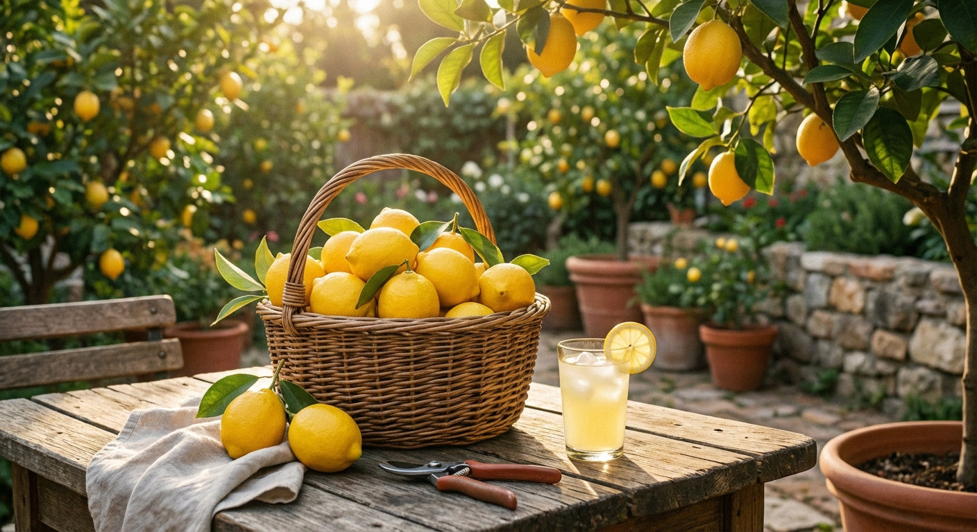 Meyer Lemon Fruit in basket on wooden table in orchid garden