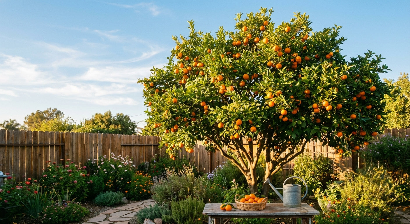Murcott W. Afourer Mandarin Orange tree laden with fruit in a garden setting with a wooden fence and clear sky.