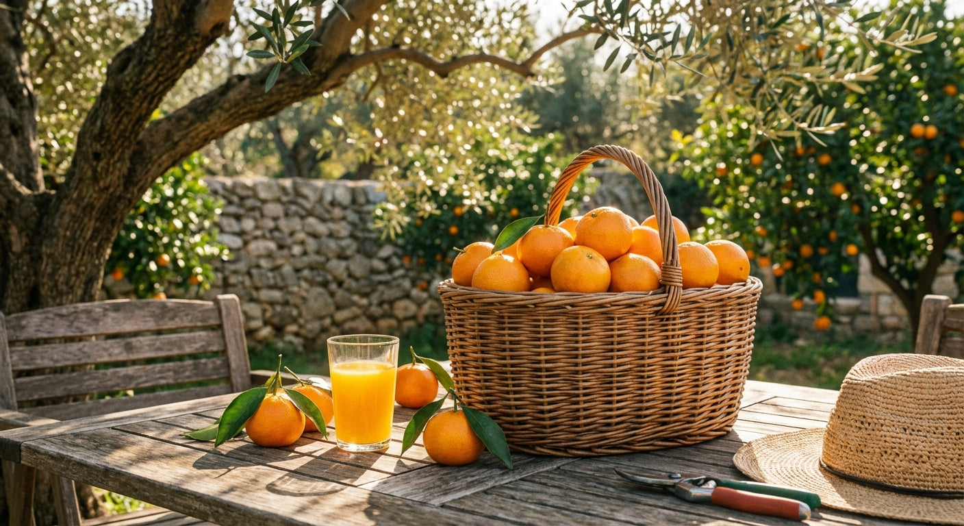 Murcott W. Afourer Mandarin Basket of oranges on a wooden table with a glass of orange juice, surrounded by orange trees.