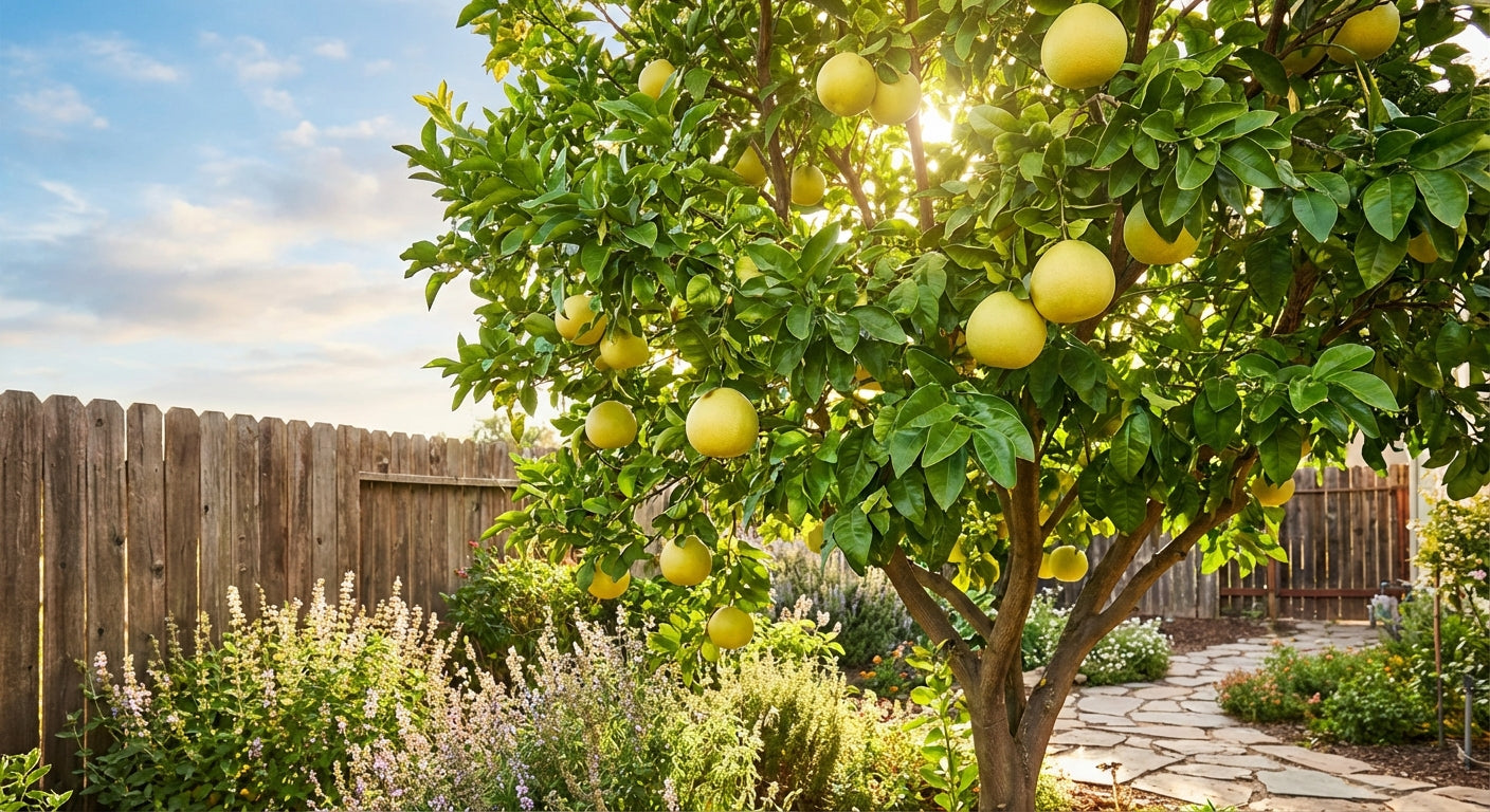 Oroblanco (Pomelo) Grapefruit Lemon tree with ripe lemons in a garden setting