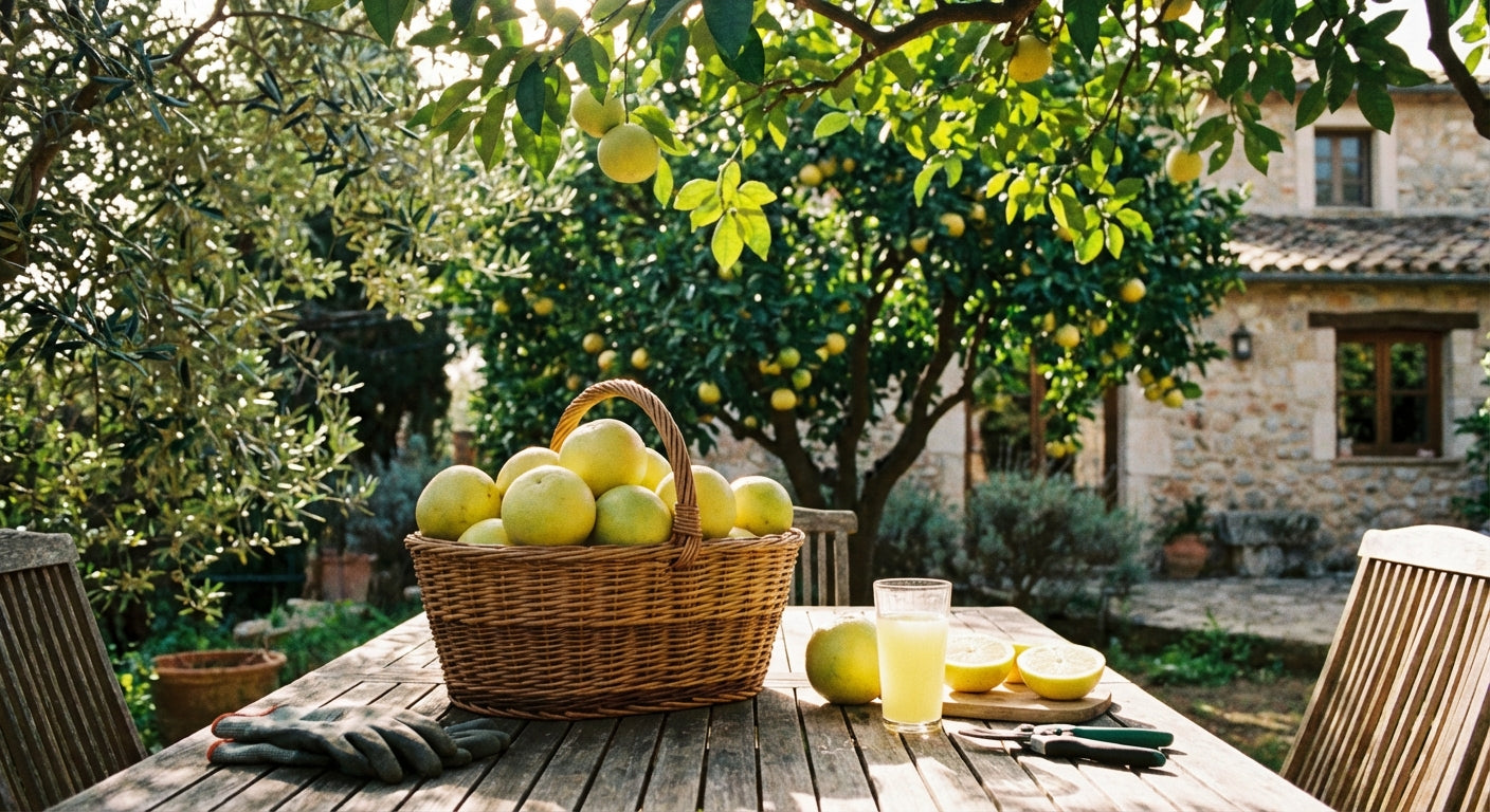 Oroblanco (Pomelo) Grapefruit Wicker basket of lemons on a wooden table outdoors with a stone building and lemon tree in the background.