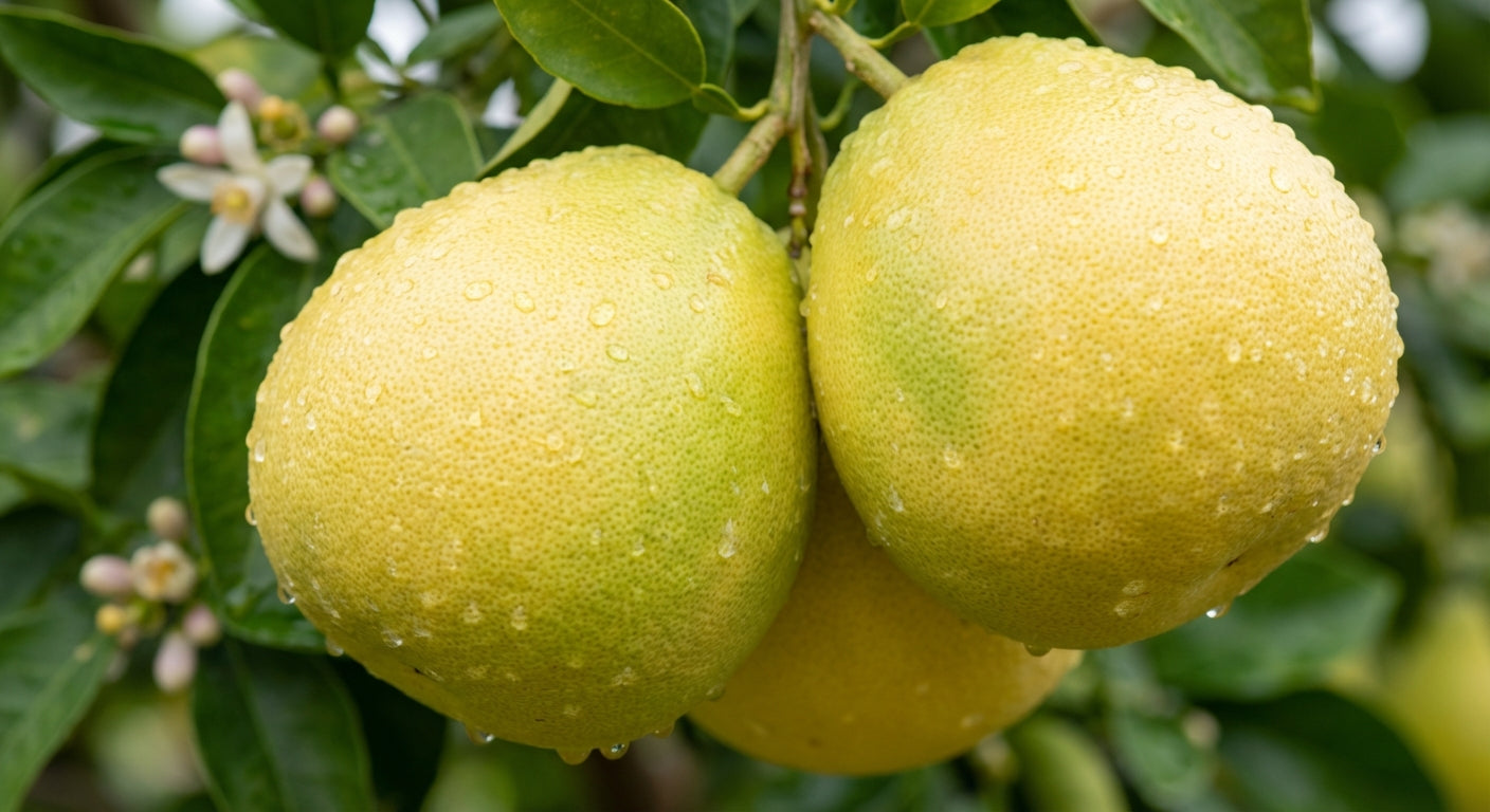 Oroblanco (Pomelo) Grapefruit Tree Two yellow fruits with water droplets on a branch with green leaves and small flowers.