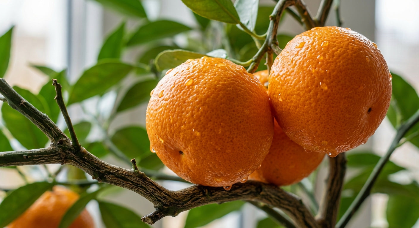 Ponkan Mandarin Oranges on a tree branch with green leaves