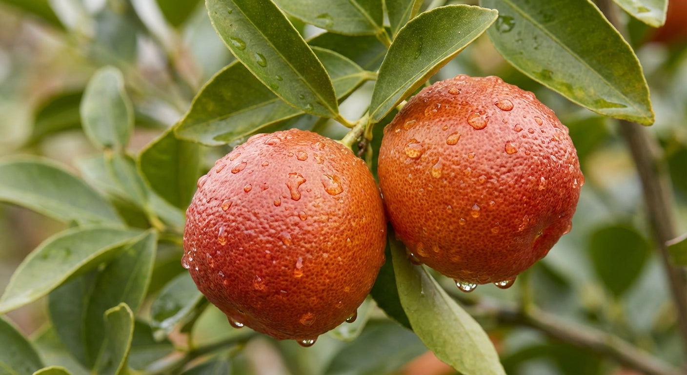 Rangpur Lime Tree Two oranges with water droplets on a tree branch