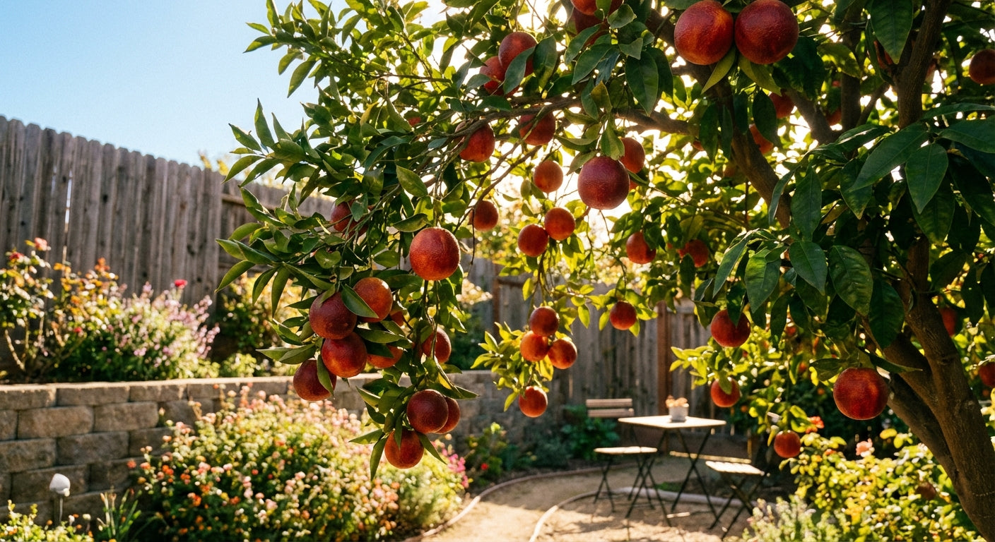 Sanguinelli Blood Orange Tree in a garden setting