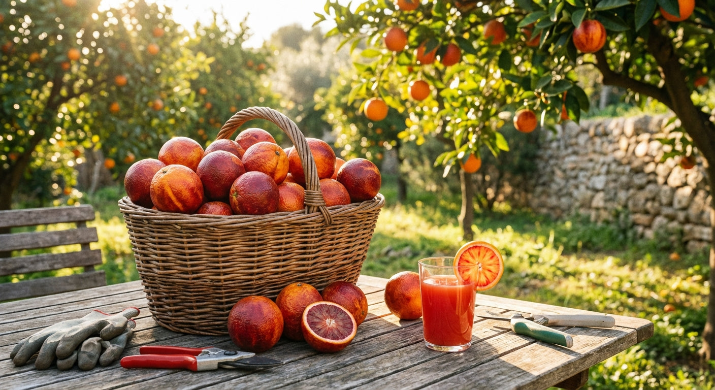 Basket of peaches on a wooden table with a glass of juice, surrounded by Sanguinelli Blood Orange Tree in an orchard.