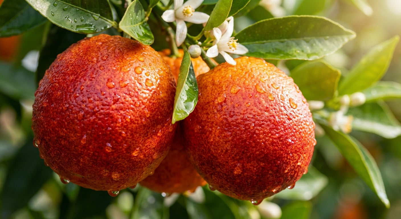 Two Sanguinelli Blood Orange on a branch with green leaves and small white flowers.