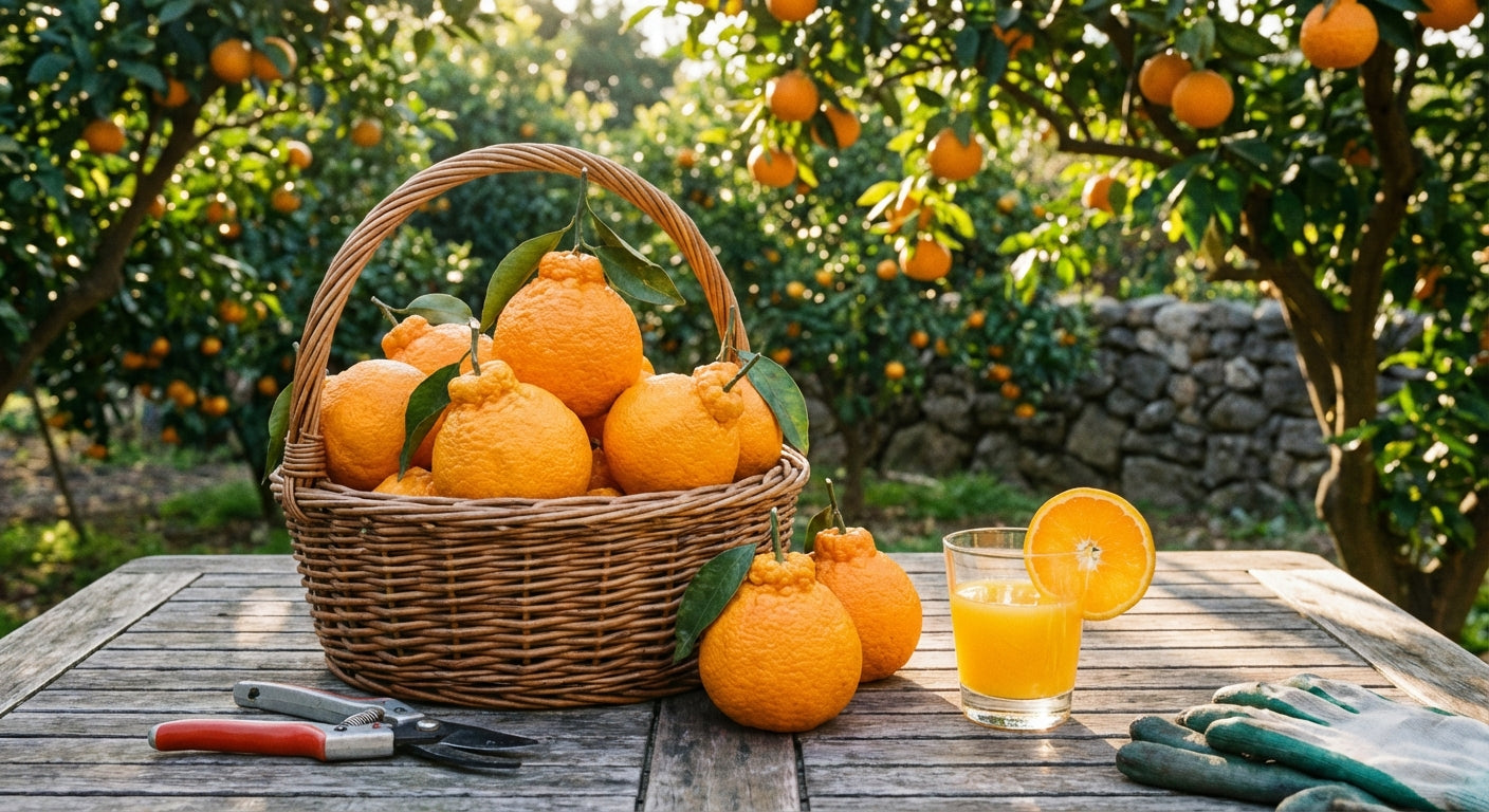 Shiranui Mandarin Basket of oranges on a wooden table with a glass of orange juice, surrounded by orange trees.