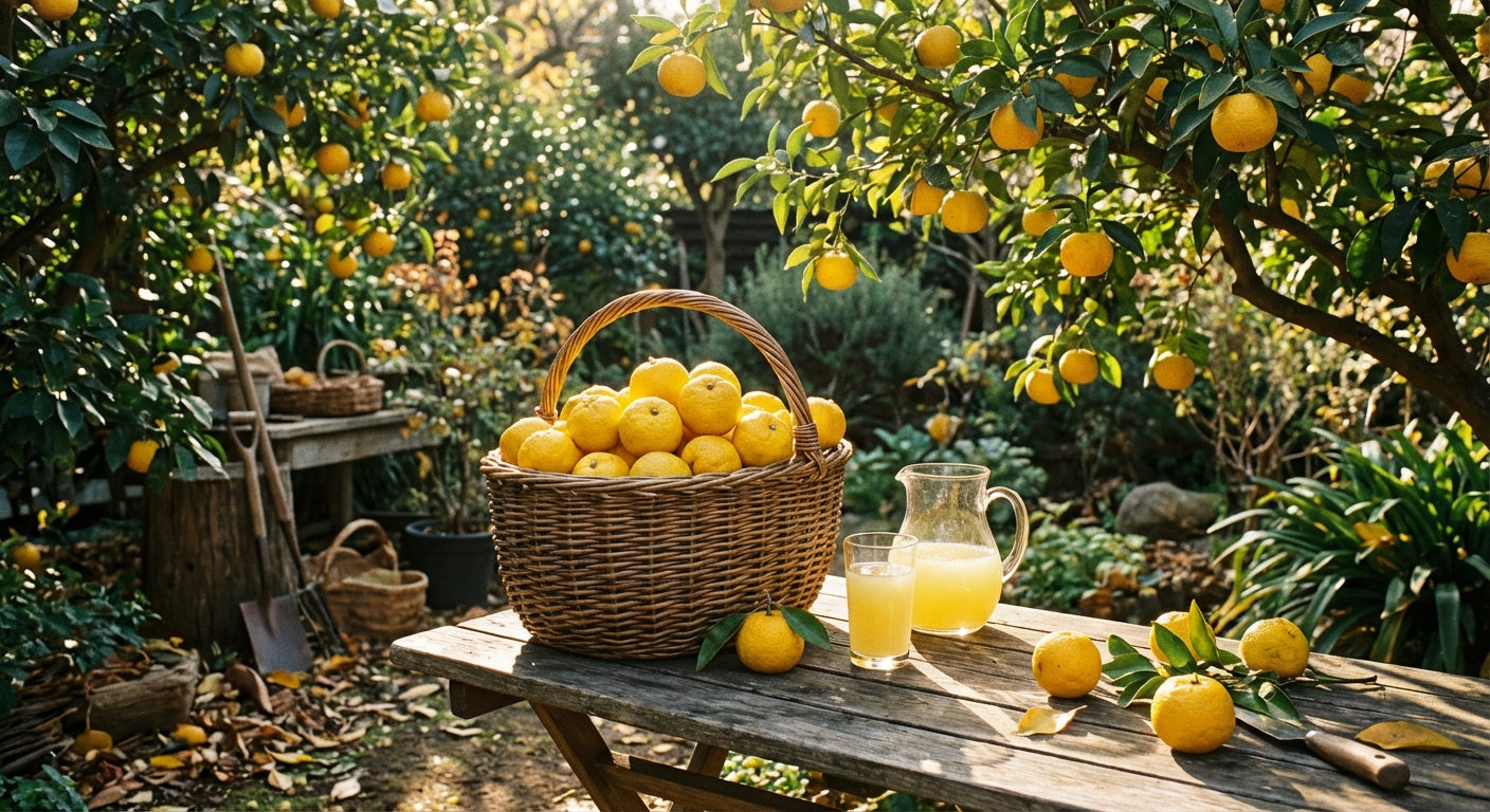 Yuzu Ichandrin Basket of lemons on a wooden table with lemonade in a garden
