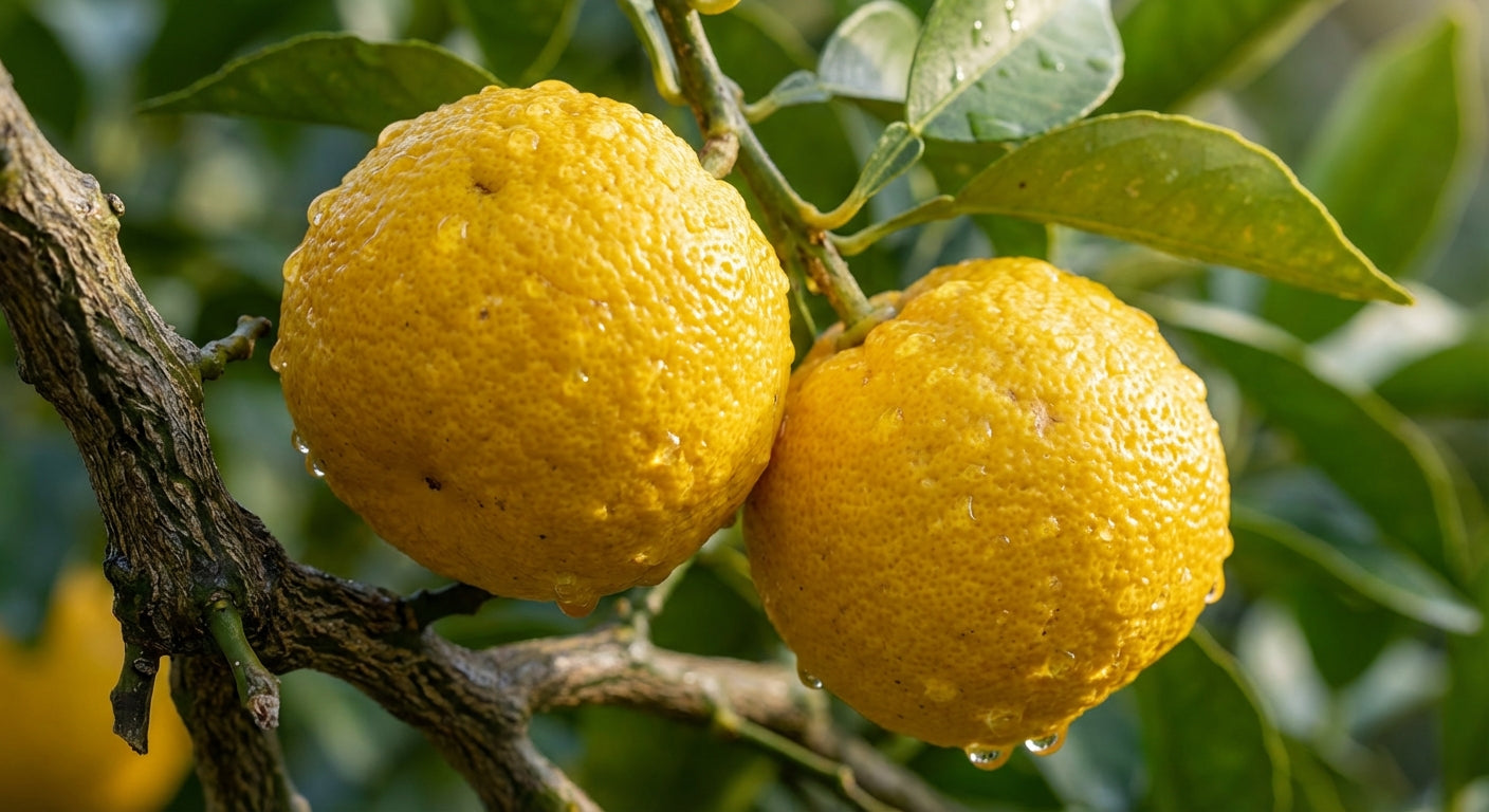 Yuzu Ichandrin Two lemons on a tree branch with green leaves.