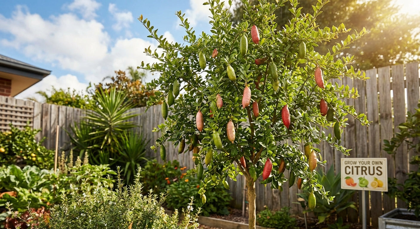 Australian Finger Lime Citrus tree with fruit in a garden setting