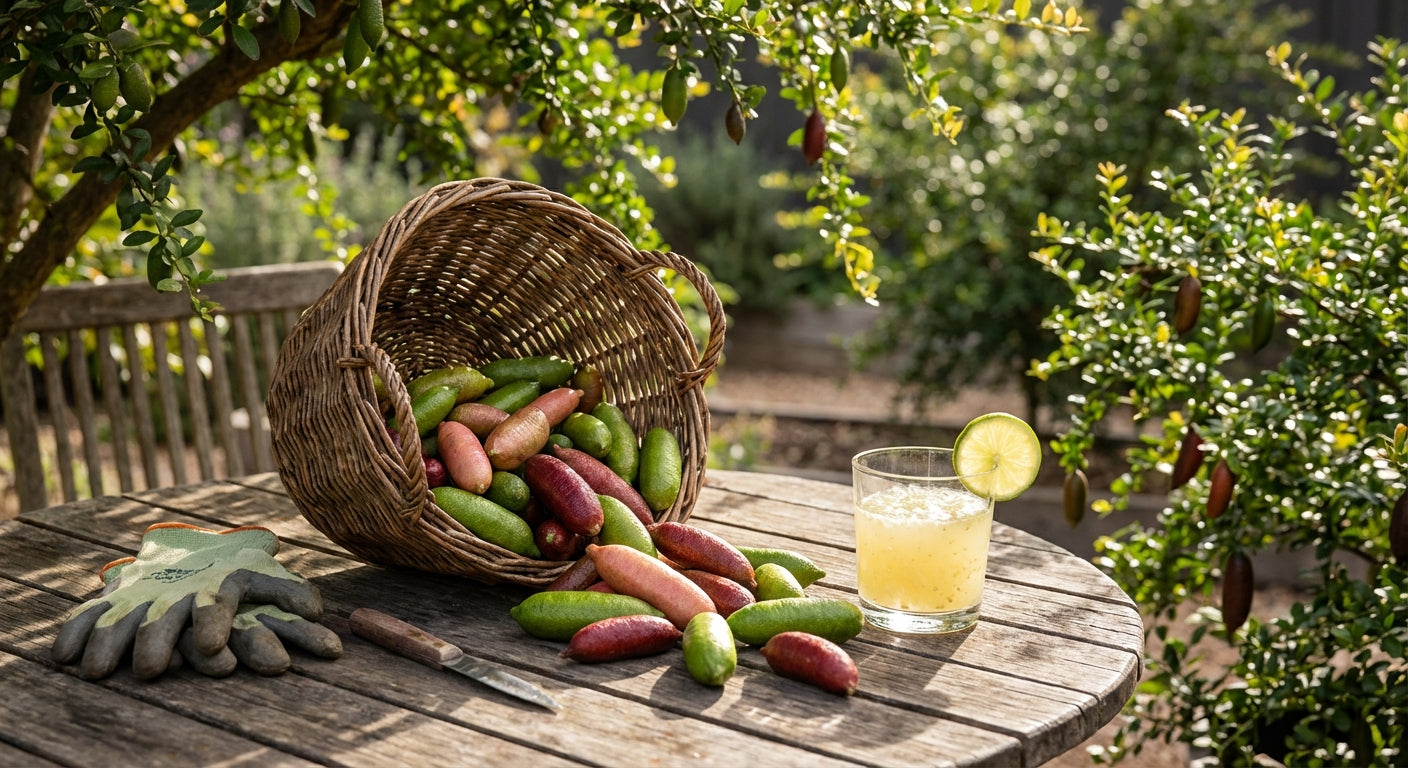 Basket of Australian Finger Lime fruits on a wooden table with a glass of juice in a garden setting