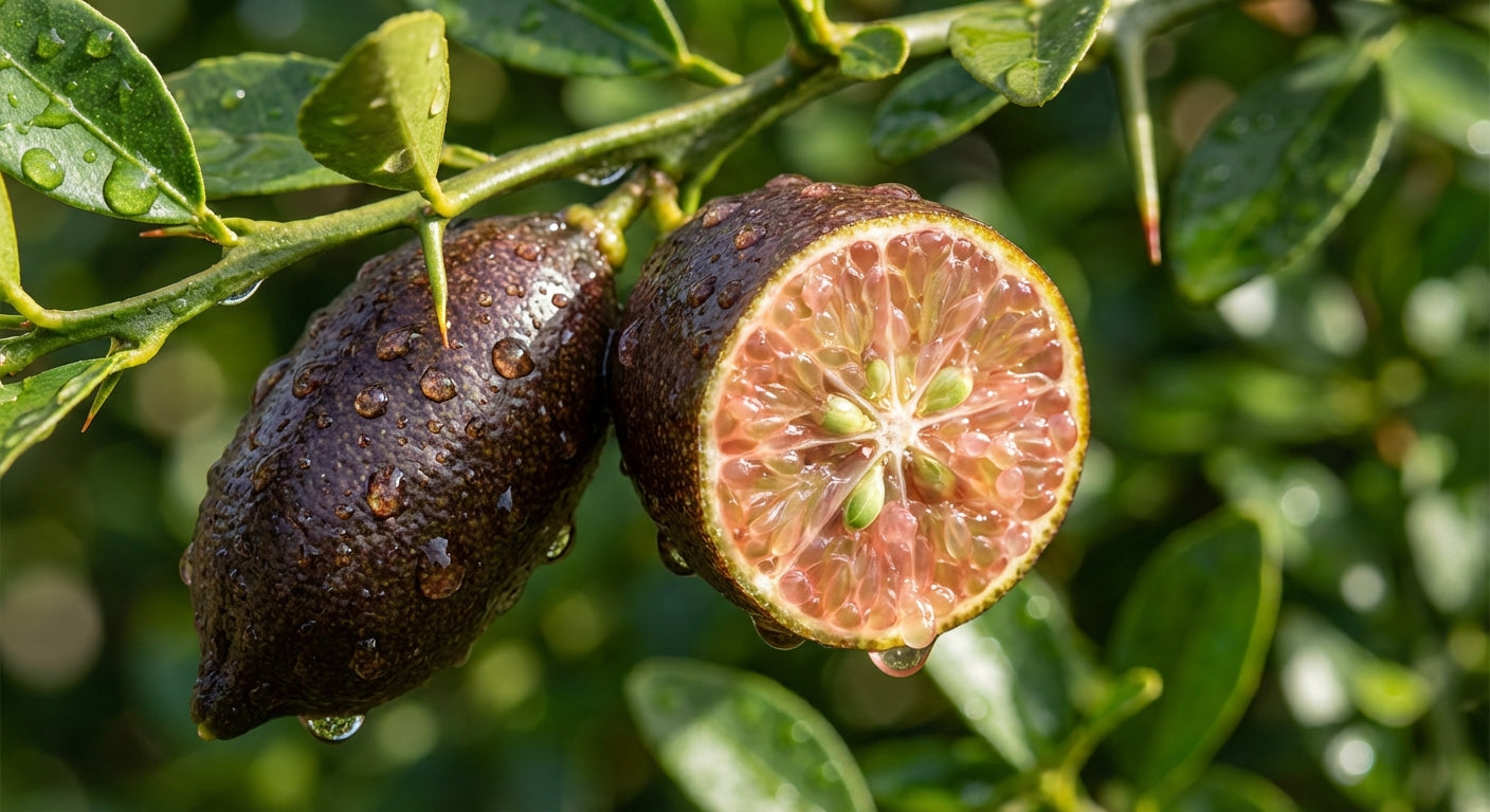Australian Finger Lime Close-up of a split dark-skinned fruit with green seeds on a leafy branch.