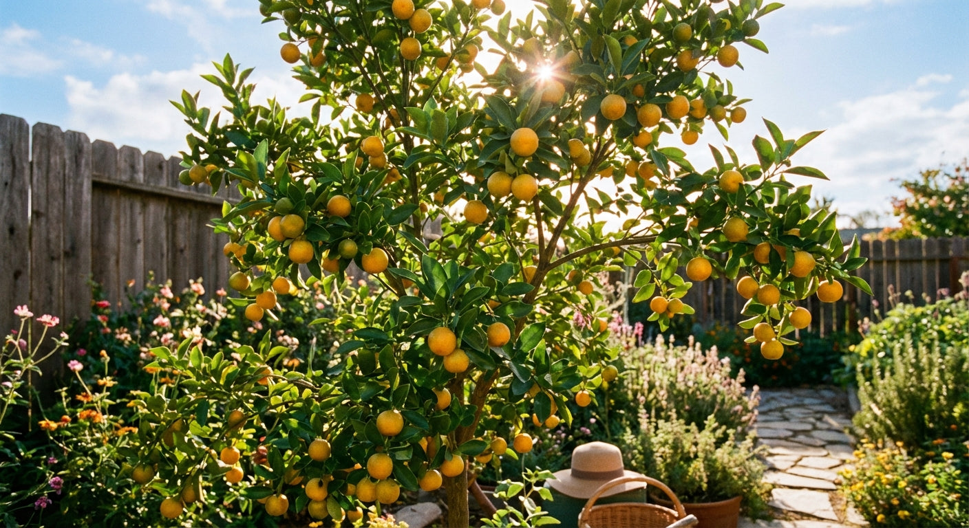 Calamondin Lemon tree with ripe lemons in a garden setting