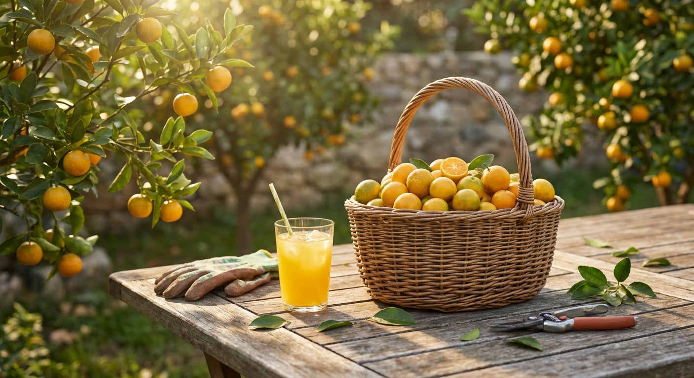 Basket of Calamondin lemons on a wooden table with an orange juice glass, surrounded by lemon trees.