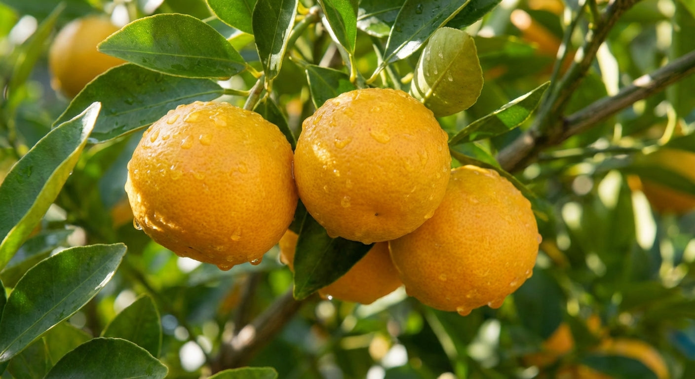 Calamondin Oranges growing on a tree branch with green leaves.