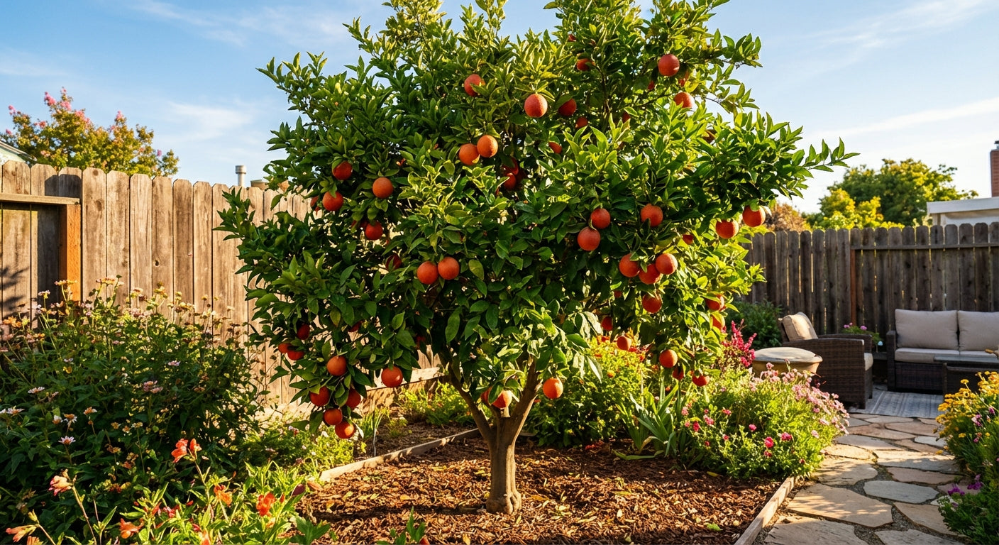 Cara Cara Navel Orange tree with red fruits in a garden setting