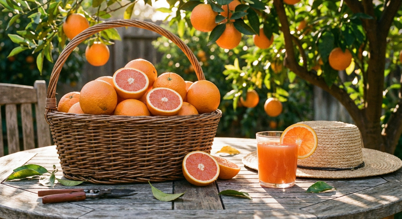 Basket of Cara Cara Navel oranges on a table with a glass of juice and a hat in an outdoor setting.