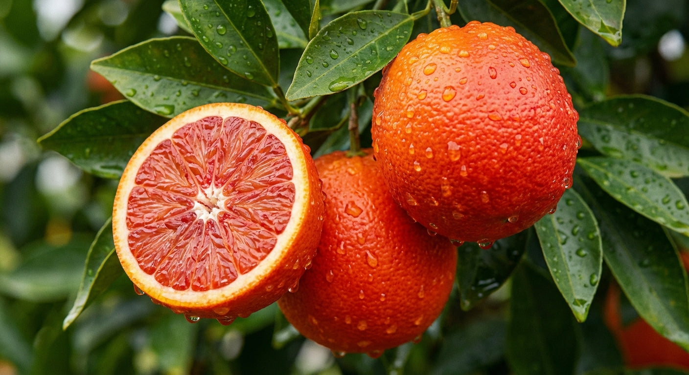 Cara Cara Navel Blood oranges with one cut open, showing a juicy interior, on a tree with green leaves.