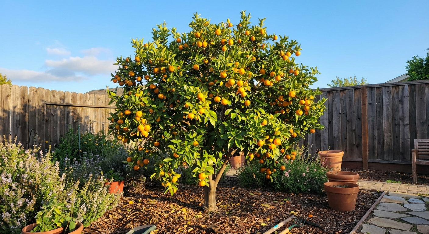 Cleopatra Mandarin Orange tree with ripe oranges in a garden setting with potted plants and a wooden fence.