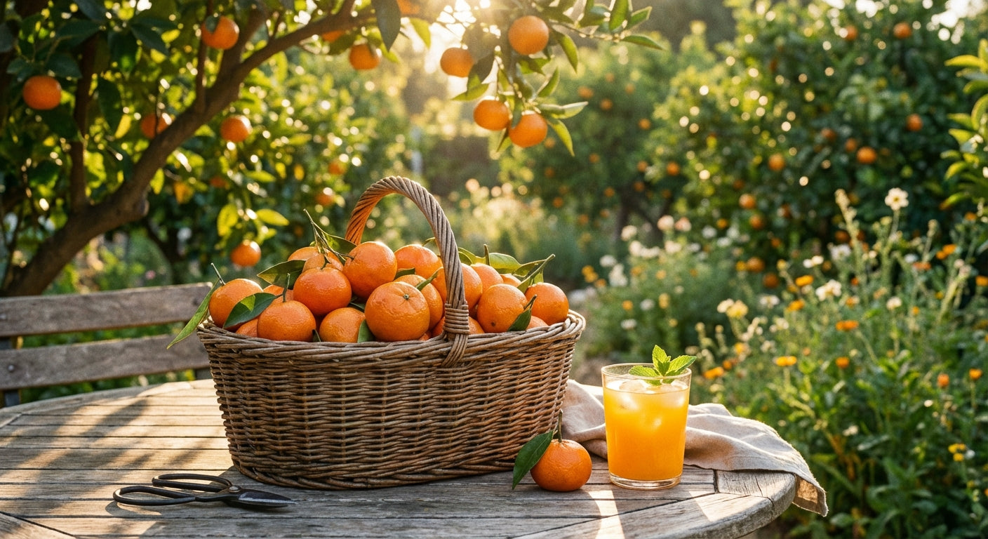 Cleopatra Mandarin Basket of oranges on a wooden table with a glass of orange juice in an orchard.