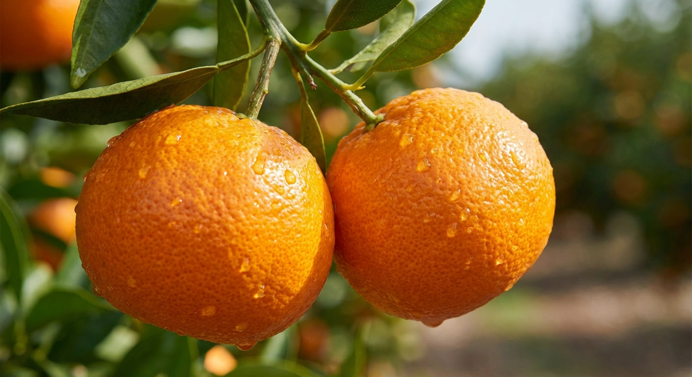 Cleopatra Mandarin Two oranges hanging from a tree branch with a blurred background