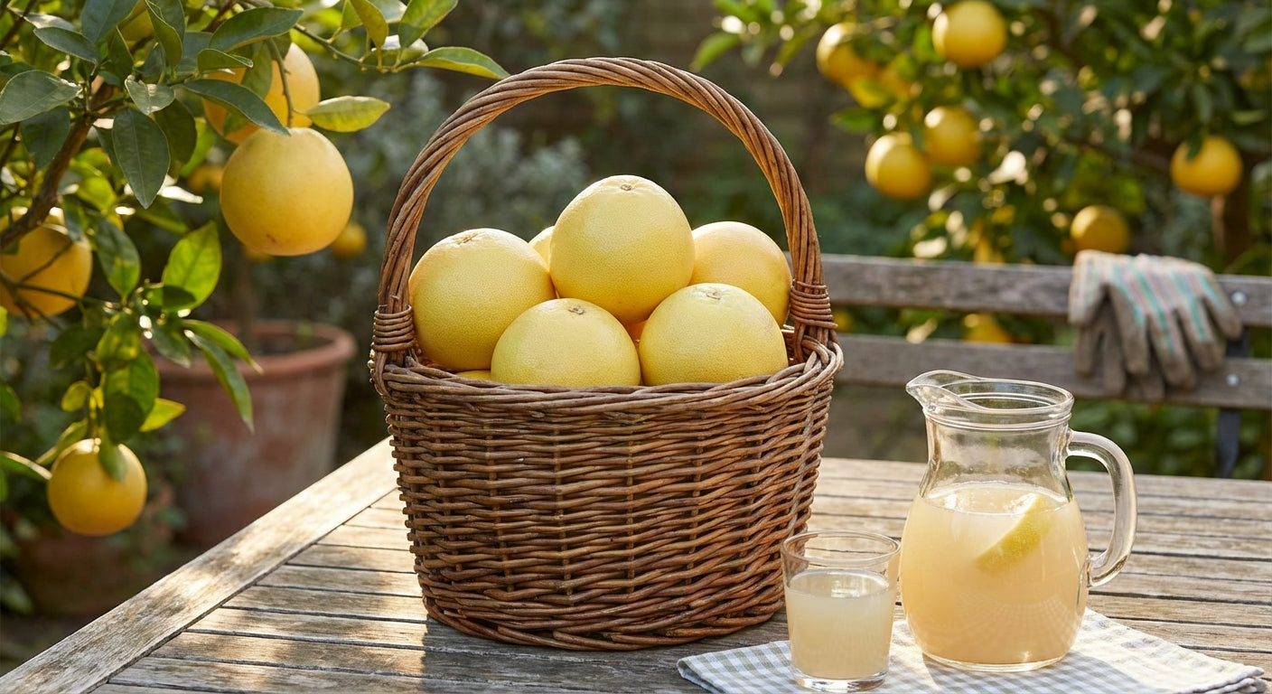 Duncan Grapefruit Basket of lemons on a table with a pitcher and glass of lemonade, lemon tree in the background