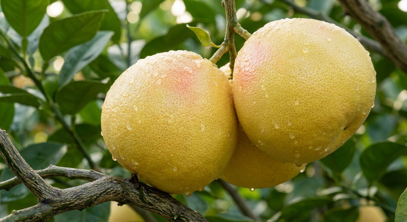 Duncan Grapefruit Two yellow fruits hanging from a tree branch with green leaves in the background.