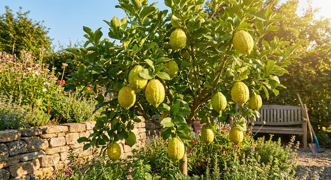 Etrog Citron Lemon tree with ripe lemons in a garden setting