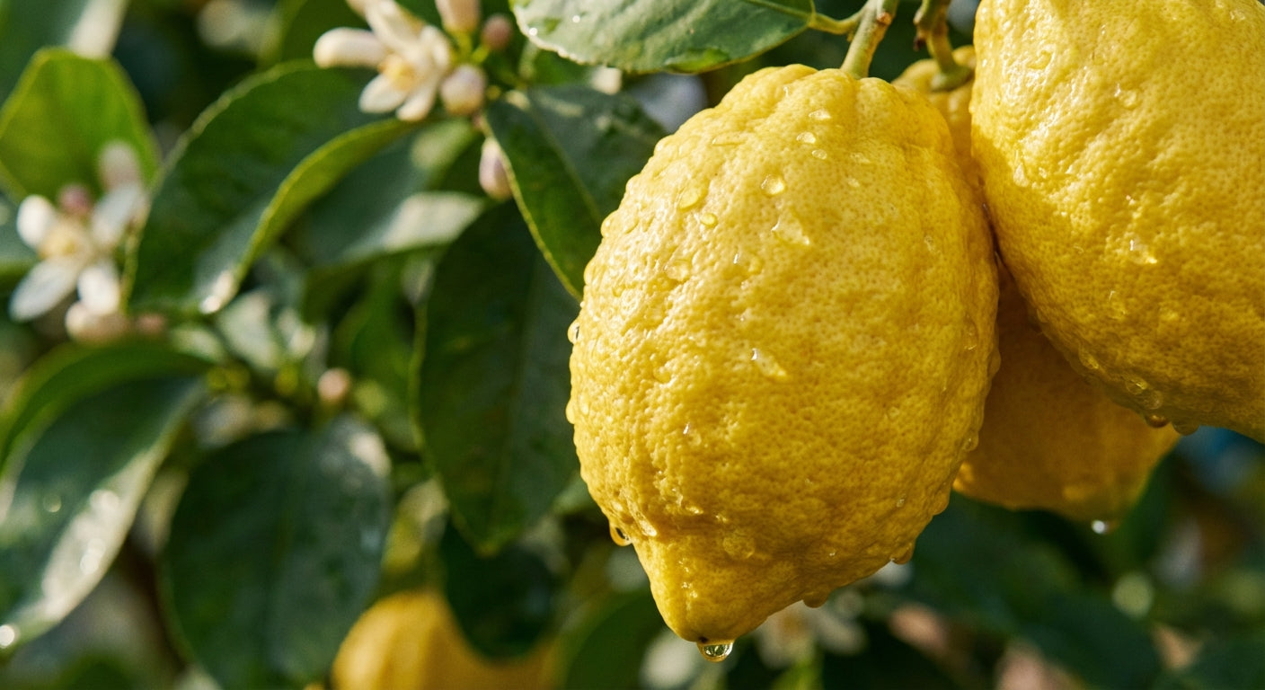 Etrog Citron Yellow lemons on a lemon tree with green leaves and small white flowers.
