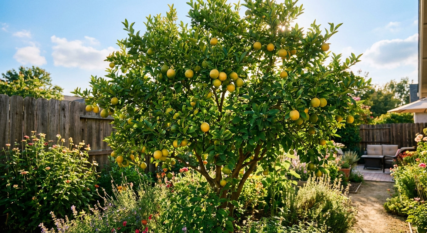 Eustis Kumquat Lemon tree with fruits in a garden setting