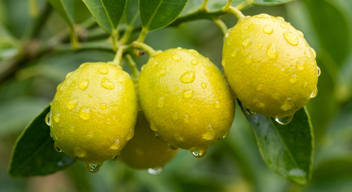 Eustis Kumquat Three green fruits with water droplets on a branch