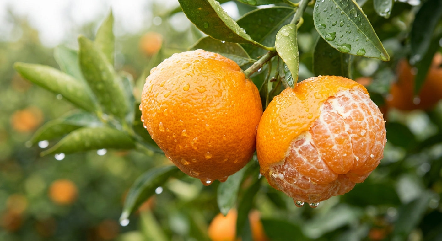 Frost Owari Satsuma Mandarin Tree Two oranges with blemishes on a tree branch with green leaves.
