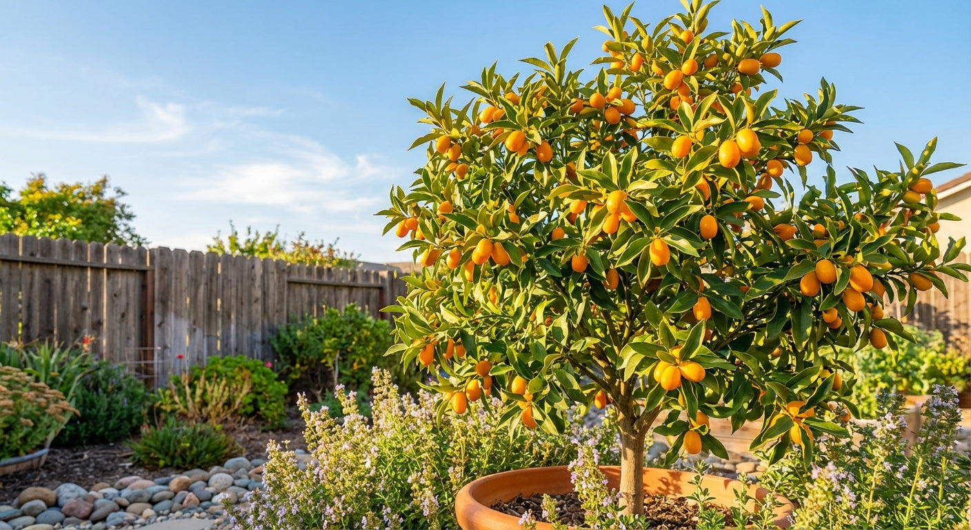 Fukushu Kumquat Potted citrus tree with fruits in a garden setting