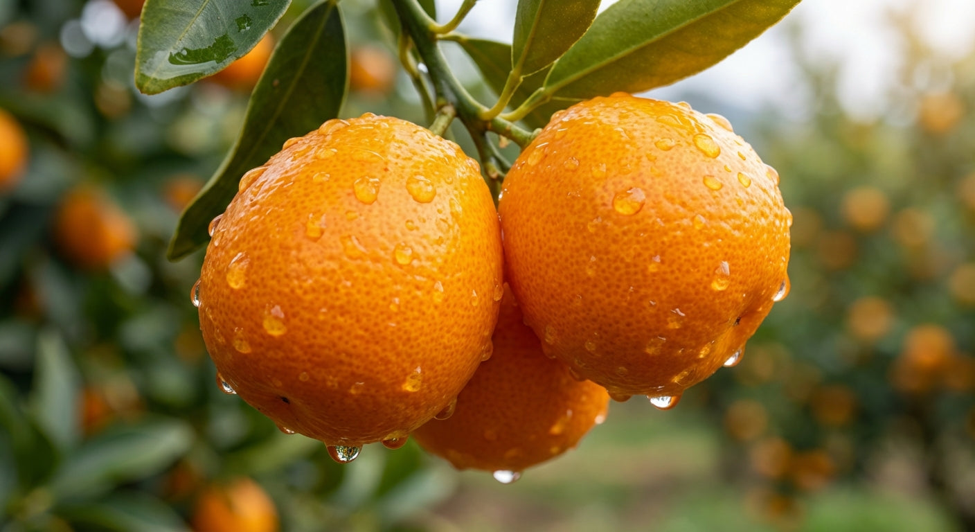 Fukushu Kumquat Oranges with water droplets on a tree branch