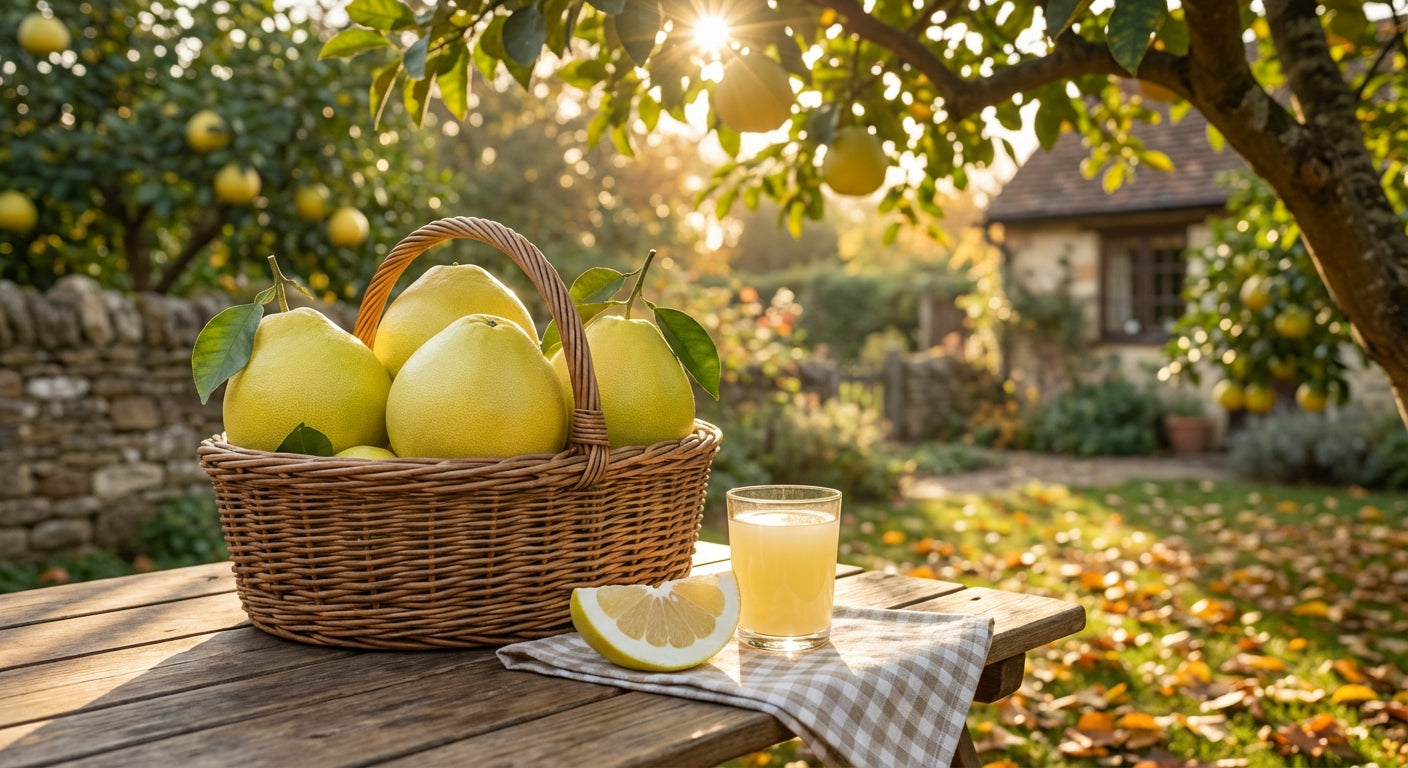 Hirado Buntan Pomelo Basket of pears and a glass of juice on a wooden table in a garden setting.