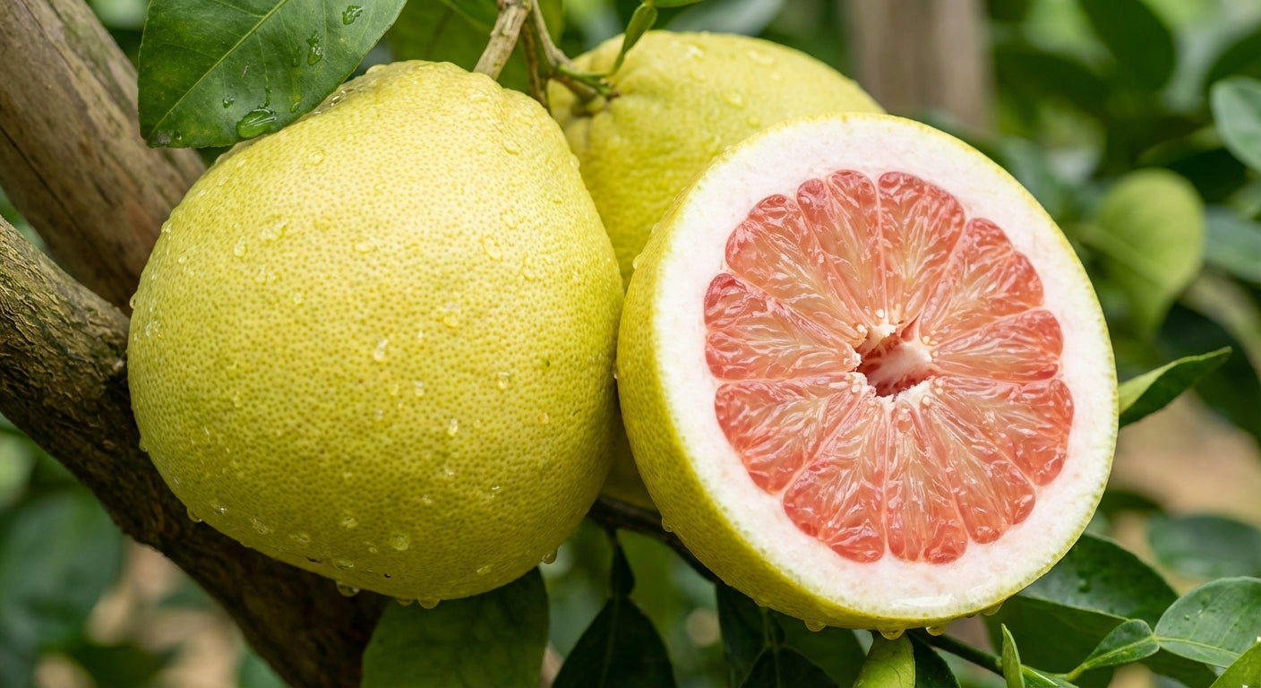 Hirado Buntan Pomelo Grapefruit on a tree with one cut open to reveal pink flesh.