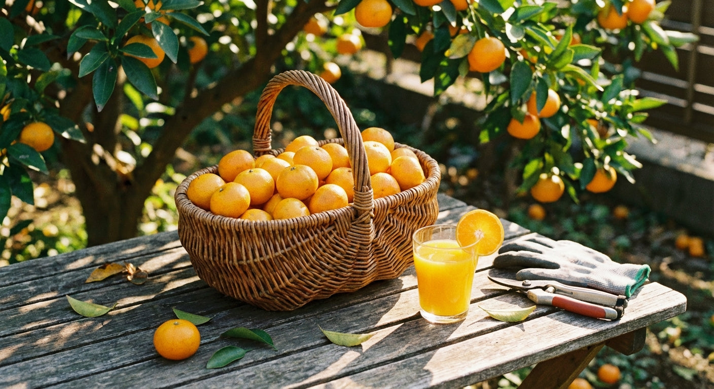 Basket of Kishu Mandarin oranges on a wooden table with an orange juice glass, surrounded by orange trees.