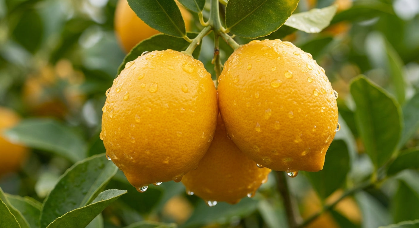 Meyer Lemon Tree fruit water drops on it
